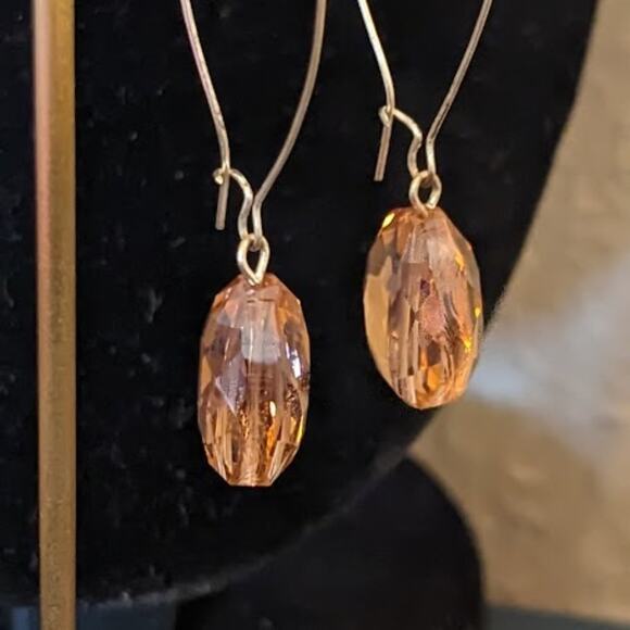 Large Peach Crystal Dangle Earrings with Long Kidney Ear Wire - Picture 4 of 6